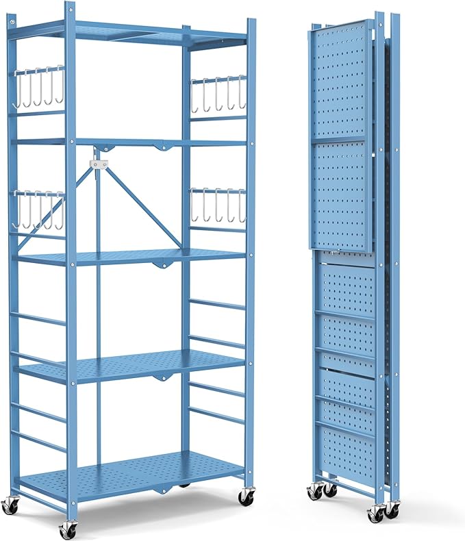 Himix Storage Shelves with 20 Hooks, 5-Tier Foldable Shelf for Storage, Folding Shelf Unit Pantry Shelves with Wheels, Standing Shelving Unit for Kitchen Garage Home Office Room Greenhouse, Blue