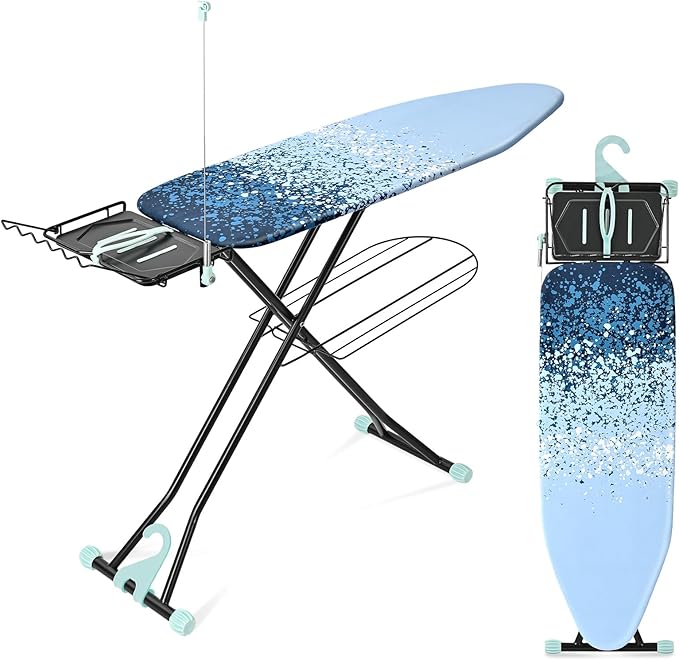 APEXCHASER Ironing Board Full Size with Iron Rest, Metal Panel Iron Board, Heat & Scorch Resistant Cover, Adjustable Height Heavy Duty Ironing Board with Germent Rack, for Home, Dorm, 15x45 Blue