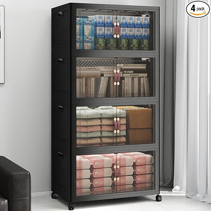Extra Large Stackable Storage Bins, Lockable Storage Bins with Lids, Folding Storage box with Doors and Wheels, Collapsible Plastic Drawers for Home, Garage, Office (4, Black, Large)