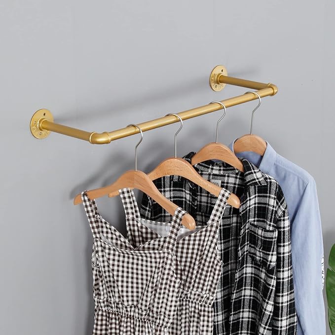 Industrial Pipe Clothing Rack Wall Mounted,Vintage Retail Garment Rack Display Rack Cloths Rack,Metal Commercial Clothes Racks for Hanging Clothes,Iron Clothing Rod Laundry Room (Gold, 31in)