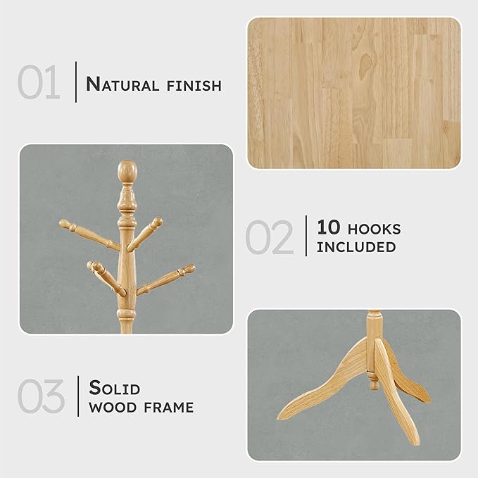 Lexicon Sturdy Solid Wood Coat Rack Stand with 10 Hanging Hooks for Hats,Scarves, Handbags, 3-Tier Wooden Coat Rack Freestanding Tree Used in Bedroom, Entryway, Hallway, Office, Natural