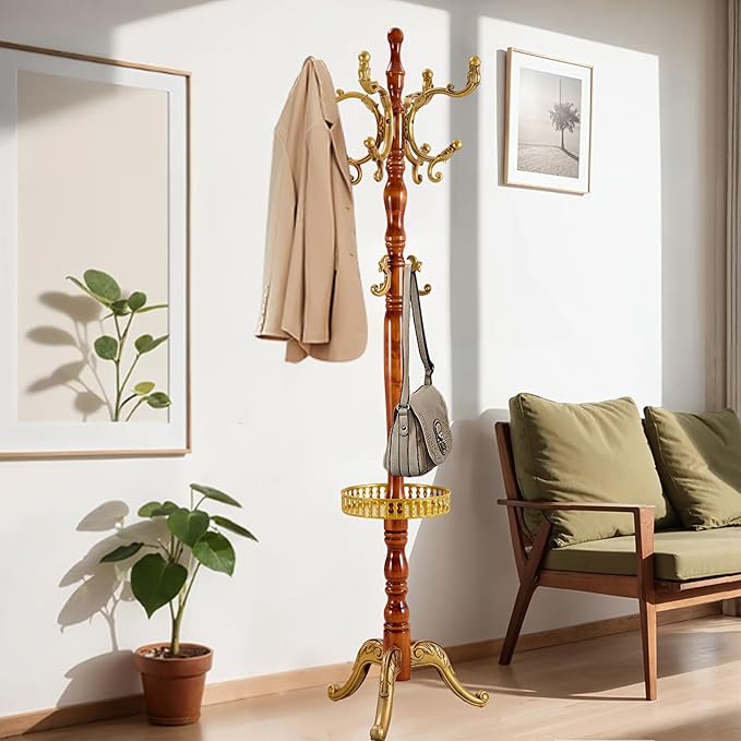 73 in Wood Coat Rack, Coat Rack Freestanding with Stable Round Base, Adjustable Height Tree Coat Racks Stand for Home Bedroom Office Hallway Entryway (Begonia Tray)