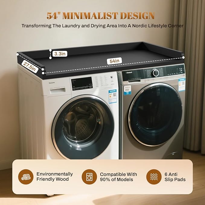 GCCSJ Washer Dryer Countertop, 54" Width x 27.5" Depth Wood Laundry Topper with Edge & Non-Slip Pads for Laundry Room Organization Storage & Clothes Folding, Black