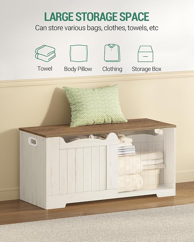 39.4" Storage Chest, Storage Bench Trunk with 2 Hinge, Wooden Box, Lift-Top Chest Organizer, Shoe Bench for Entryway, Bedroom, Living Room, White and Brown SB01014B