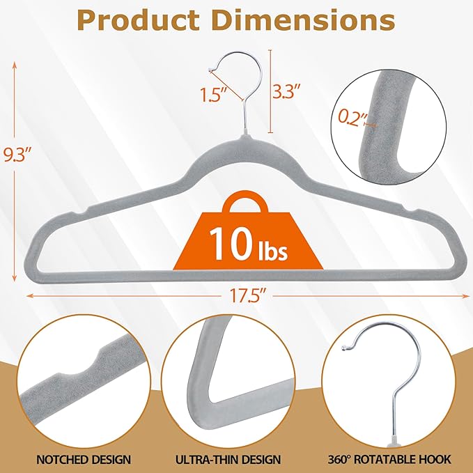 Velvet Hangers 100 Pack, Non-Slip Suit Clothes Hangers with 360 Degree Swivel Hook for Space Saving, Coats, Pants, Gray