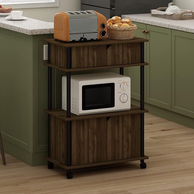 Furinno Turn-N-Tube Kitchen Storage Cart with Cabinet and Lockable Wheels, Columbia Walnut/Black