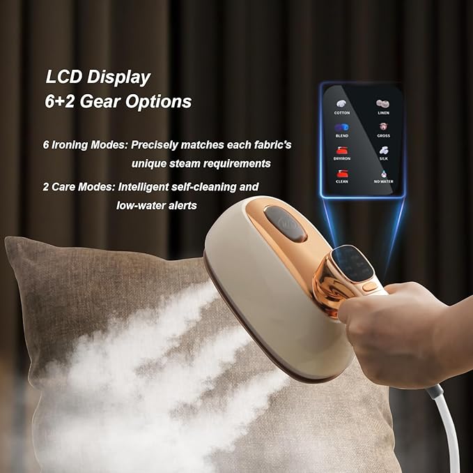 Garment Steamer for Clothes 1400W Portable Travel Steamer 180°Rotating Handle lancha a Vapor Para Ropa with LCD Display Handheld Wrinkle Remover, 260mL Water Tank, Beige