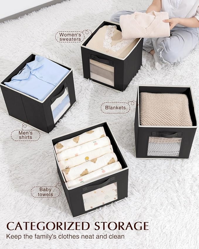 Foldable Storage Cubes - Cubby Storage Organizer with Window, Decorative Baskets for Organizing, 11 Inch Fabric Cube Shelf Bins, Set of 10, Black