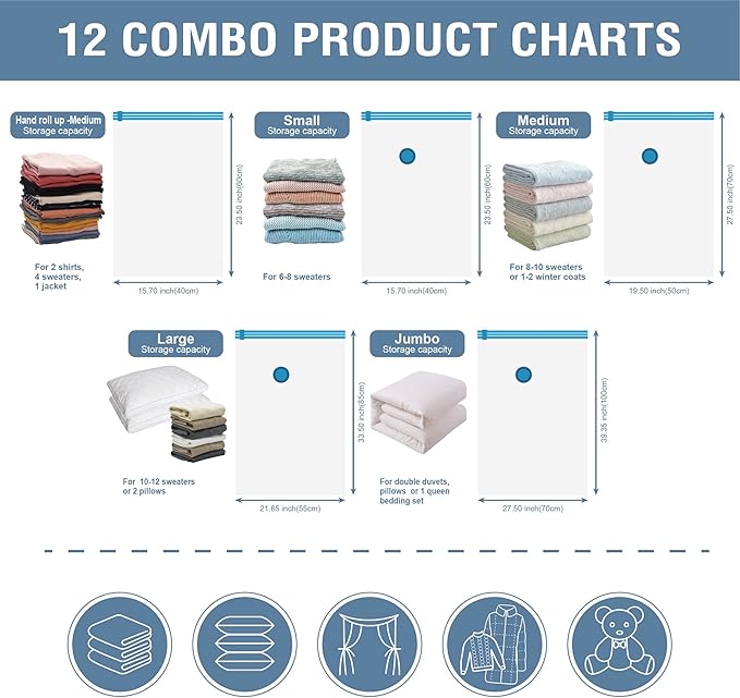 12 Pack Space Saver Bags (2 Jumbo/2 Large/2 Medium/2 Small/4 Roll) Compression Storage Bags for Comforters and Blankets, Vacuum Sealer Bags for Clothes Storage, Hand Pump Included