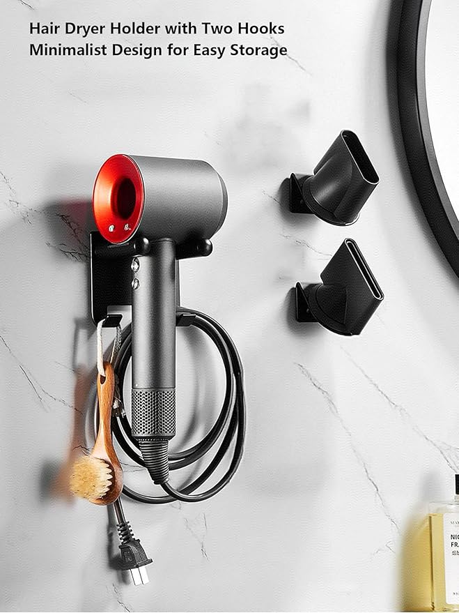 Hair Dryer Holder Stainless Steel Chromed (Black with Hooks)