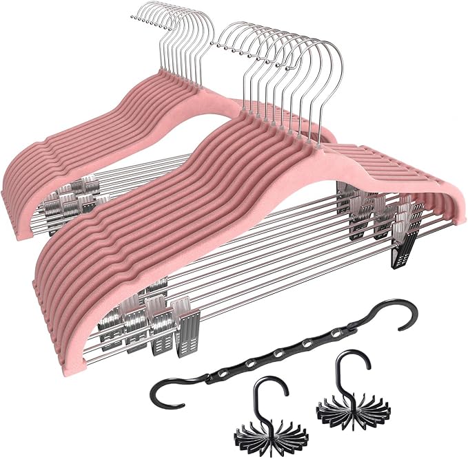 VECELO 20 Pack Velvet Clothes Hangers with Adjustable Clips,Heavy-Duty Non Slip & Space-Saving with 1 Magic Hangers & 2 Tie Rack for Suit Coat Pants Skirt Dresses