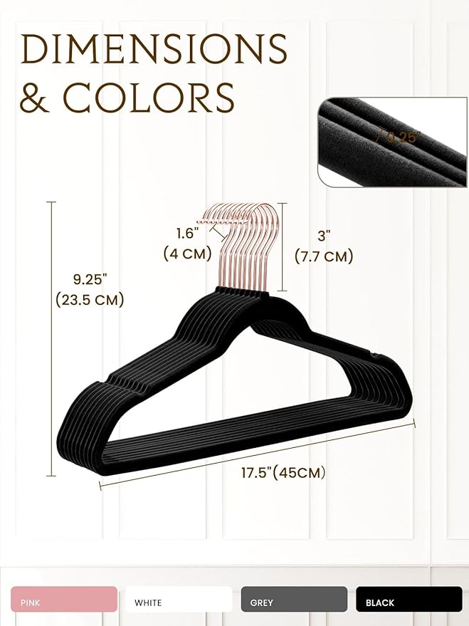 Smartor Velvet Hangers 50 Pack, Black Felt Hangers Non Slip with Rose Gold Hook, Premium Clothes Heavy Duty Velvet Hanger for Adult Coat, Suit, Short, Dress - Black