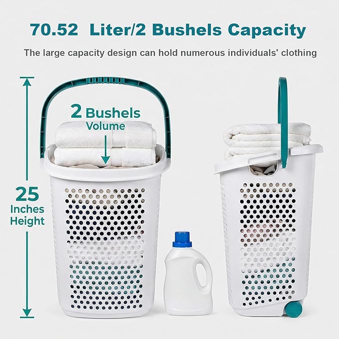 70.52 Liter Rolling Laundry Basket, Heavt-Duty Plastic Wheeled Design Clothes Laundry Hamper with Pop-Up Wide Handle, Large Capacity for Families, Dormitories, Laundry Rooms, 15.47 "W x 20.11"D x 25"H