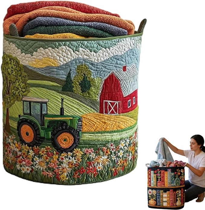 Quilted Laundry Basket, Quilted Laundry Basket with Handles, Boho Fabric Floral Storage, For Bedroom Laundry (#05, 16"L x 16"W x 22"H)