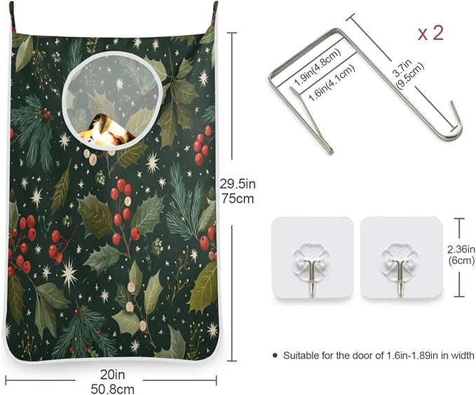 Green Christmas Holly Berries Pine Needles Leaves Hanging Laundry Hamper Door Hampers Bag Basket with Stainless Steel Hooks Oxford Fabric Printing Decorative Clothes Bags 29.5X20inch 1Pack