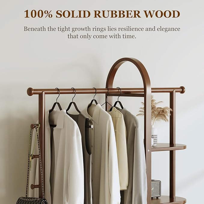 Solid Wood Clothing Rack with 4 Shelves Storage and 5 Wooden Hooks Clothes Rack,Multi-functional Coat Rack for Clothes, Shoes, Bags, Coat rack for Bedroom Entryway Living Room Hotel,Walnut