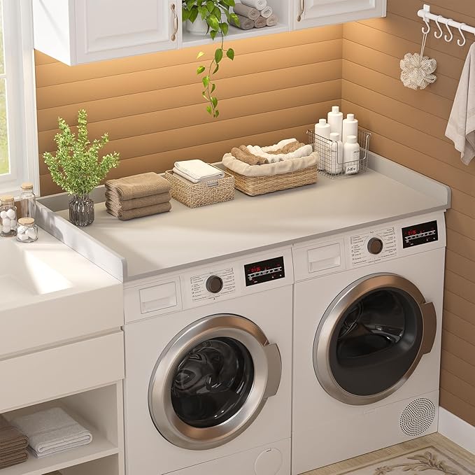 Aheaplus Washer and Dryer Countertop, Laundry Room Organization with Non-Slip Pads, Wood Shelf Topper with Round Corner Edge Rails, Folding Organizer for Laundry Storage, 54" W x 27.5" D, Grey