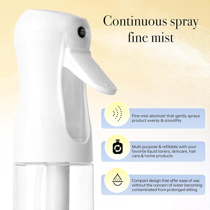 3Pack Continuous Spray Bottle 200ml, Ultra Fine Water Mister Refillable Empty Spray Bottle for Hair Styling, Salon, Skin Care, Cleaning & Plants (6.8oz Clear)
