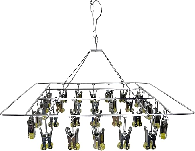 Quick Release Stainless Steel Laundry Drying Rack with Clips, Swivel Hook Wind-Proof Clothes Hanger Rack for Sock, Bras, Underwear, Laundry (Rectangle 30 Clips)