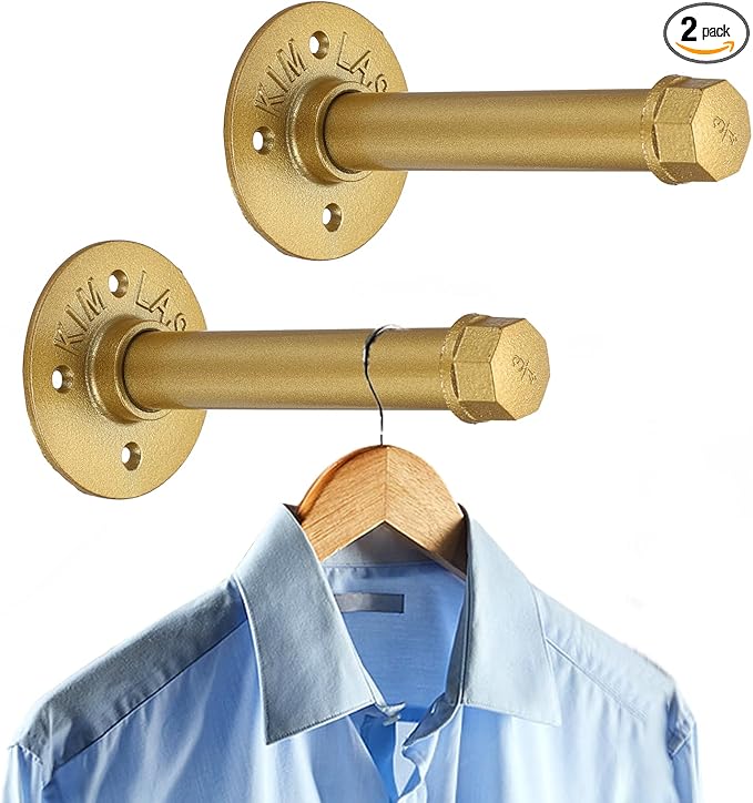Sumnacon 2 Pcs 5.9 Inch Industrial Pipe Clothes Bar - Heavy Duty Rustic Metal Coat Hanger with Screws, Wall-Mounted Garment Holder Rack for Bedroom/Bathroom/Cabinet/Boutique/Clothing Store, Gold