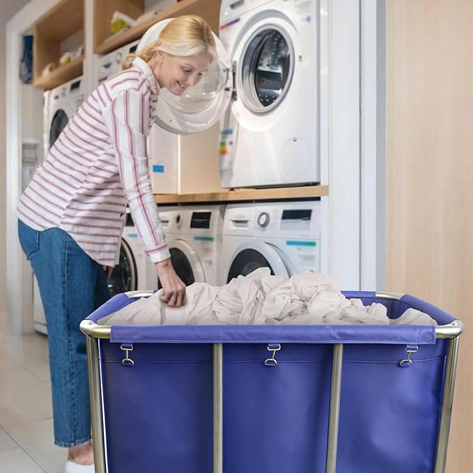 420L Commercial Rolling Laundry Cart with Wheels, 440 Lbs Heavy Duty Stainless Steel Frame Hamper, Extra Large Laundry Basket with Removable Waterproof Liner Bag for Hotel, Hospital & Dorm, Blue