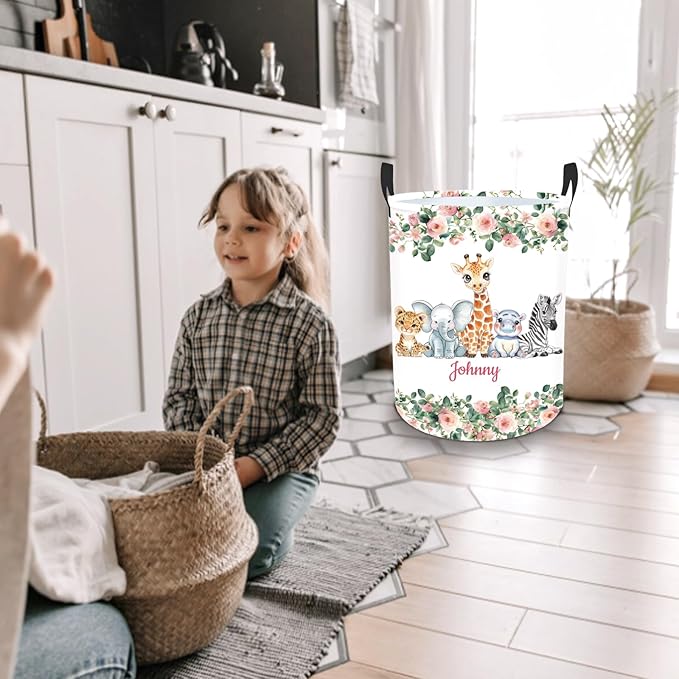 Custom Woodland Animals Laundry Basket for Kids, Personalized Name Baby Dirty Clothes Basket with Name and Handles, Customize Laundry Hamper, Personalized Laundry Basket for Nursery Girl