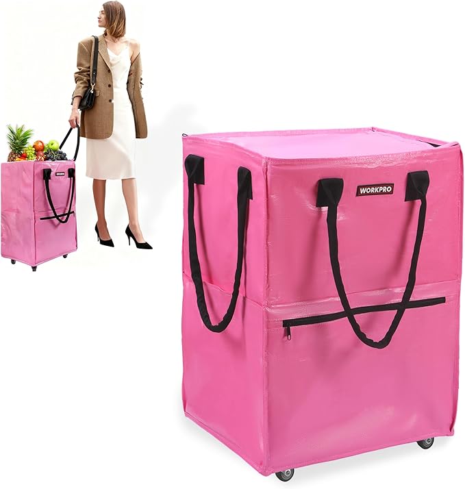 WORKPRO Medium Reusable Grocery Bag on Wheels, Heavy Duty Rolling Shopping Tote with Handle, Folding Trolley on 4 Caster Wheels for Groceries, Laundry, Camping, Moving