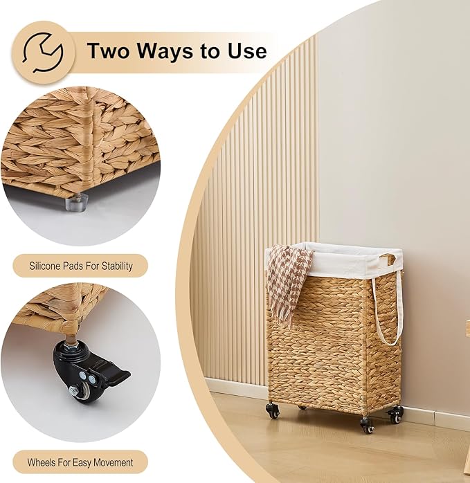 Rolling Laundry Hamper with Wheels, Slim Laundry Basket with Removable Liner Bag & 2 Mesh Bags, Handwoven Water Hyacinth Clothes Hamper for Bedroom Bathroom (Natural, 50L)