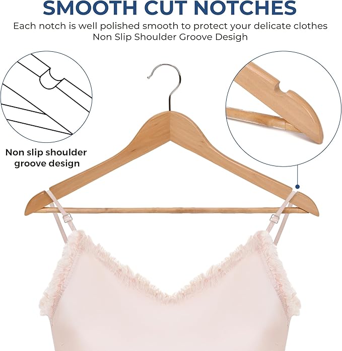 JS Hanger Wooden Coat Hangers, 20 Pack High Grade 17.5 Inch Wood Suit Hangers with Non Slip Pant Bar - Extra Smooth and Splinter Free Natural Finish