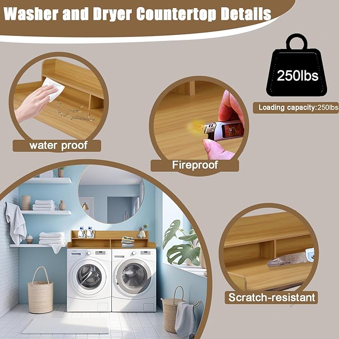 2-Tier Washer and Dryer Countertop, Wooden Washer Dryer Countertop, 27.5" Depth X 54" Laundry Countertop Over Washer and Dryer for Folding Clothes Over Washer and Dryer (Light Walnut)