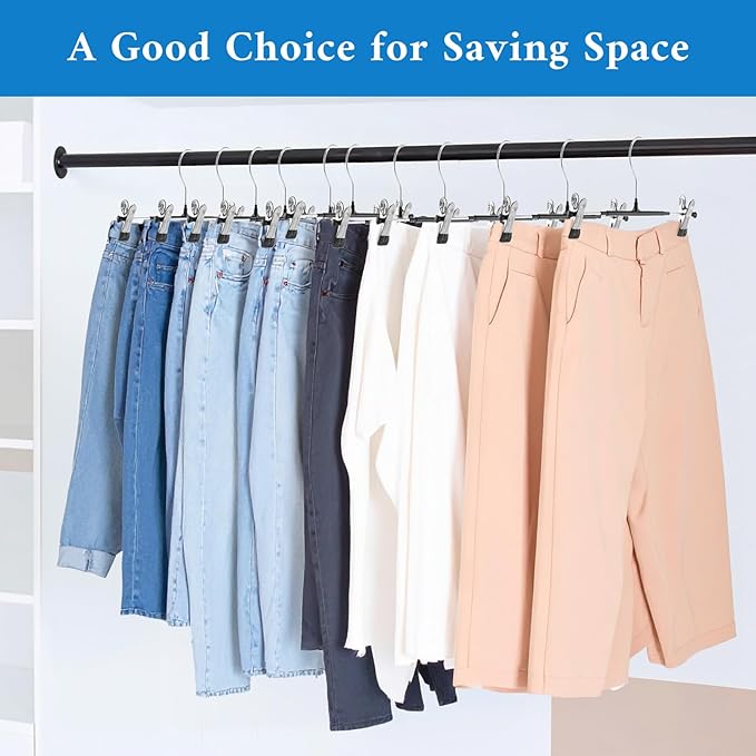 30 Pack Pants Hangers with Clips Adjustable Skirt Hangers for Women Non-Slip Trousers Hanger for Jeans Clothes Hanger for Pants Heavy Duty Space Saving Shorts Clothes Rack Black 12Inch