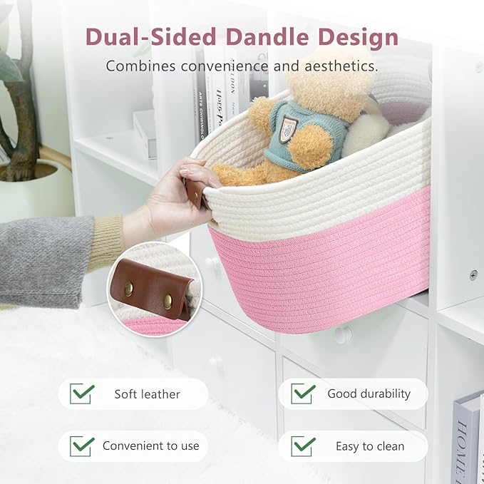 Cotton Rope Basket, Storage Baskets with Handle, 15x10x9 Inch Woven Basket for Shelves, Laundry, Towels, Clothes, Books (White/Pink 3Pack)