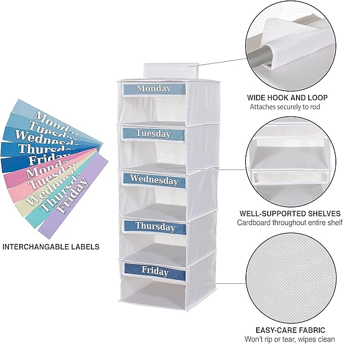 Weekly Clothes Organizer for Kids – 5 Shelf Hanging Closet Storage for School Outfits | Monday to Friday Daily Clothing Divider with Color Labels, 33" Durable Polyester