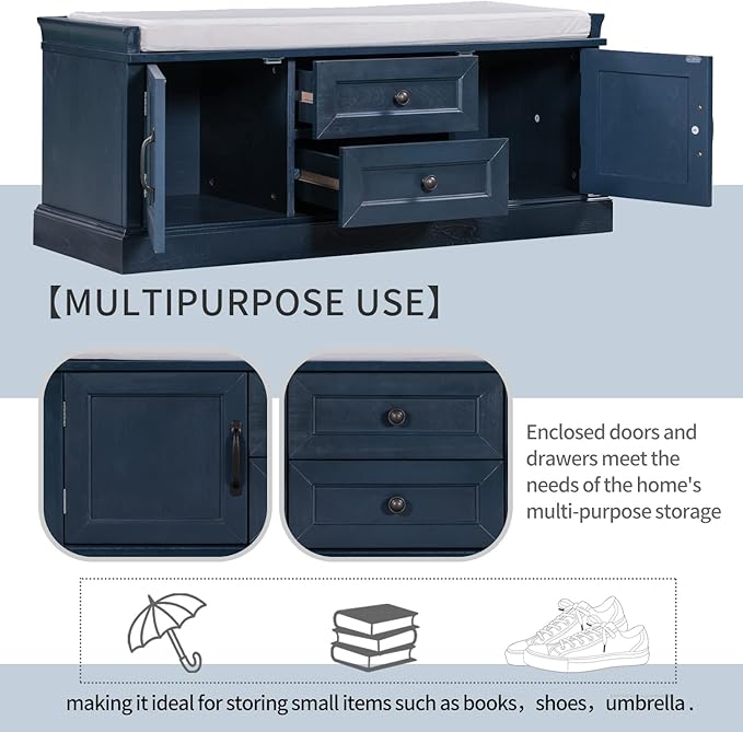 Knocbel 42.5" Entry Storage Bench with Removable Cushion, 2 Drawers and 2 Cabinets, Entryway Hallway Foyer Shoe Bench End of Bed Bench with Aluminum Handles, 200lbs Weight Capacity (Antique Navy)