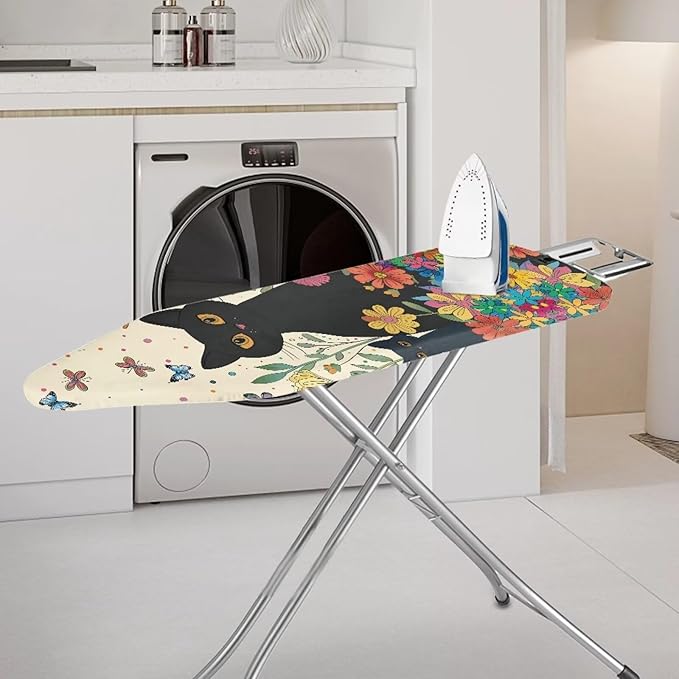 GLENLCWE Black Cat Colorful Flower Ironing Board Cover,Cute Cat Print Thick Ironing Board Cover with Padding 15x54 Inch Dust Cover with Elastic Edge Non Slip&Heat Reflective