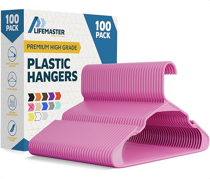 Lifemaster Plastic Clothes Hangers – Heavy Duty Hanger Set, for Organizing Clothes, Dresses, and Coat, Holds Up to 5 lbs, Space-Saving Hangers with Non-Slip Shoulder Grooves, Pack of 100, Pink