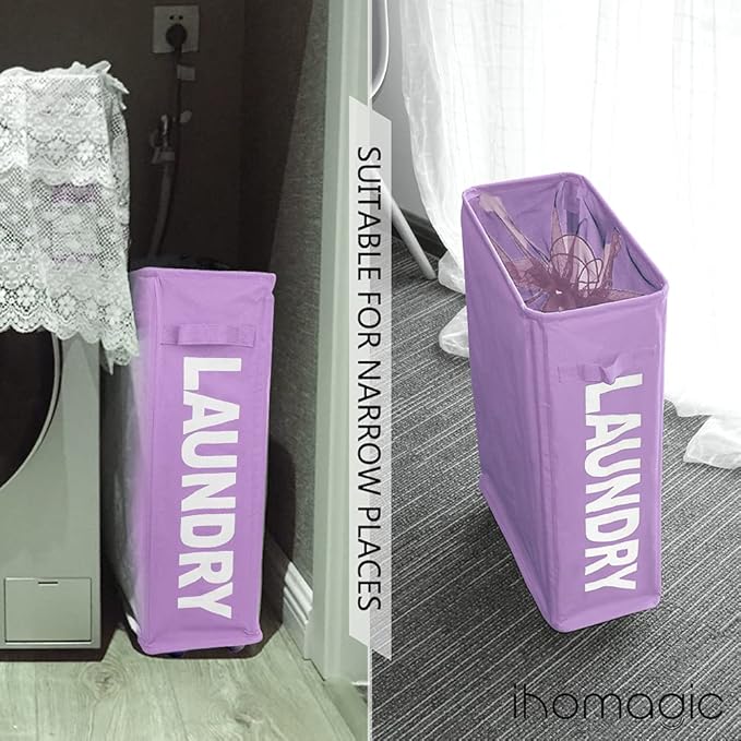 40L Laundry Hamper Collapsible Fabric for Hotel, Freestanding Flexible Laundry Sorter on Wheels - Slim Storage Bag, Decorative Laundry Baskets for Books, Sundries Storage (Purple)
