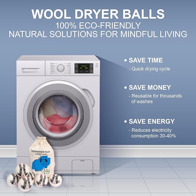 Wool Dryer Balls Organic Felt 6 Pack Laundry Fabric Softener, Extra Large Reusable Handmade Natural Sheep Wool Lint Wrinkle Free Anti Static Baby Safe (Bunny)