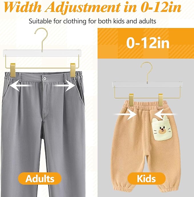 Acrylic Gold Pants Hangers 30 Pack for Trousers, Jeans, Coats, Heavy Duty Skirt Hangers for Women, Space-Saving Clothes Organizer with Non-Slip Adjustable Clips, Adults & Kids