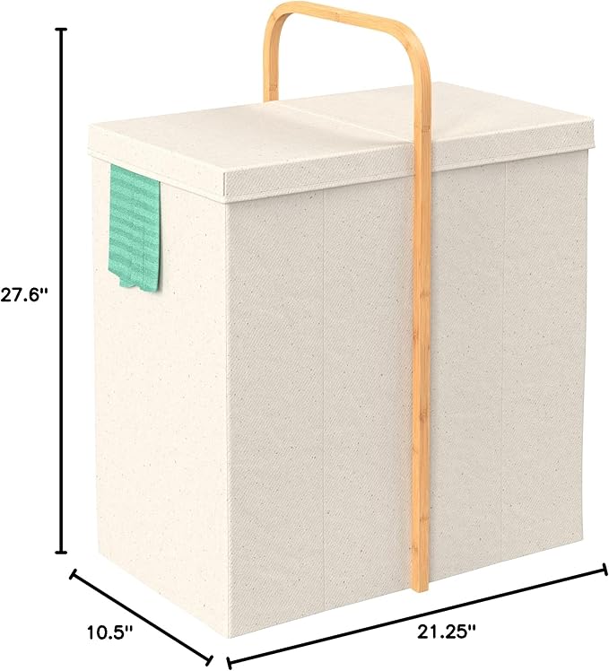 ClosetMaid Laundry Hamper Basket, Foldable with Lid, Two Compartments, Bamboo Handle, Portable, Collapsible Design, Freestanding, Beige