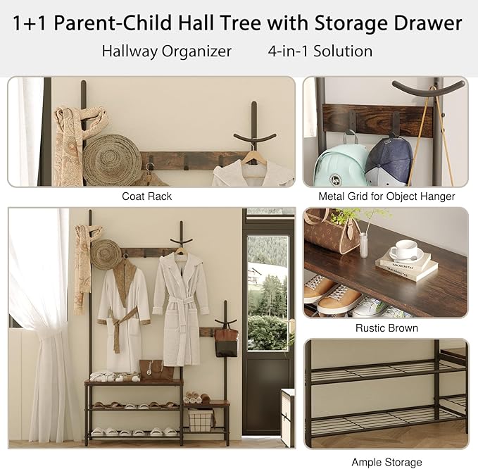CharaVector Hall Tree Coat Rack Shoe Bench, Industrial Design, 3-in-1, Rustic Brown