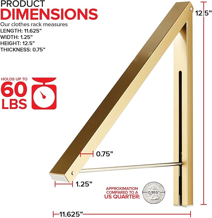 Single Foldable Clothing Rack, Wall-Mounted Retractable Clothes Hanger for Laundry Dryer Room, Hanging Drying Rod, Small Collapsible Folding Garment Racks, Dorm Accessories (Gold)