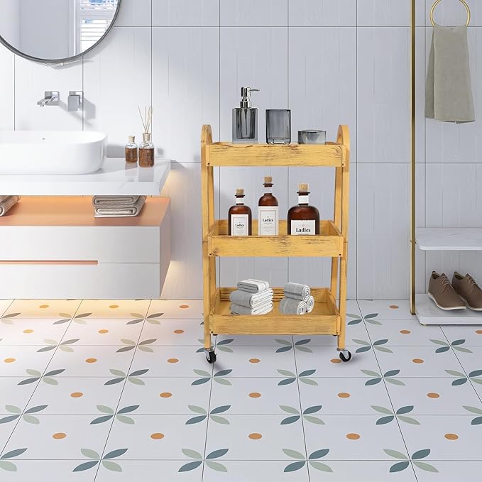3-Tier Wooden Rolling Cart- Wooden Utility Cart wit Wheels- Utility Rolling Cart-Storage Trolley Organizer- Rolling Kitchen Serving Cart for Office,Kitchen, Kids' Room (Retro Yellow)