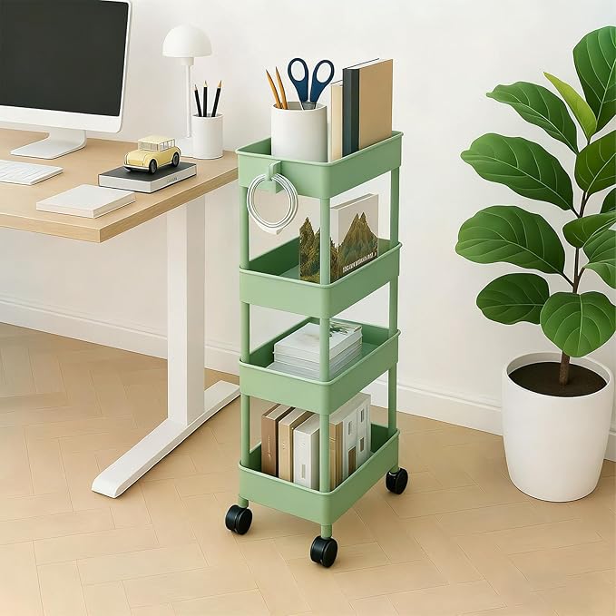 ShellKingdom 4 Tier Bathroom Storage Organizer, Slim Rolling Storage Cart for Narrow Space, Mobile Shelving Unit with Lockable Wheels and Hooks for Bathroom, Kitchen, Laundry Movable Shelf (Green)