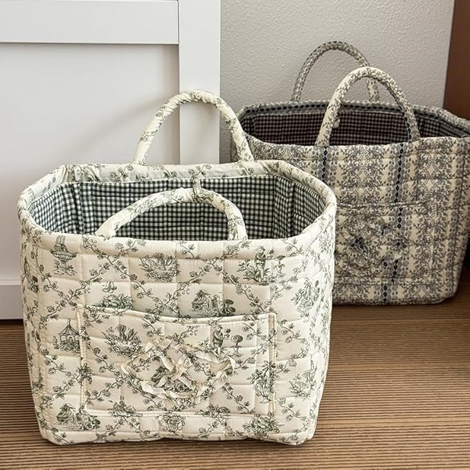 Quilted Fabric Basket Car Storage Basket Boho Floral Laundry Hamper for Nursery Bedroom & Living Room | Organize Clothes Toys