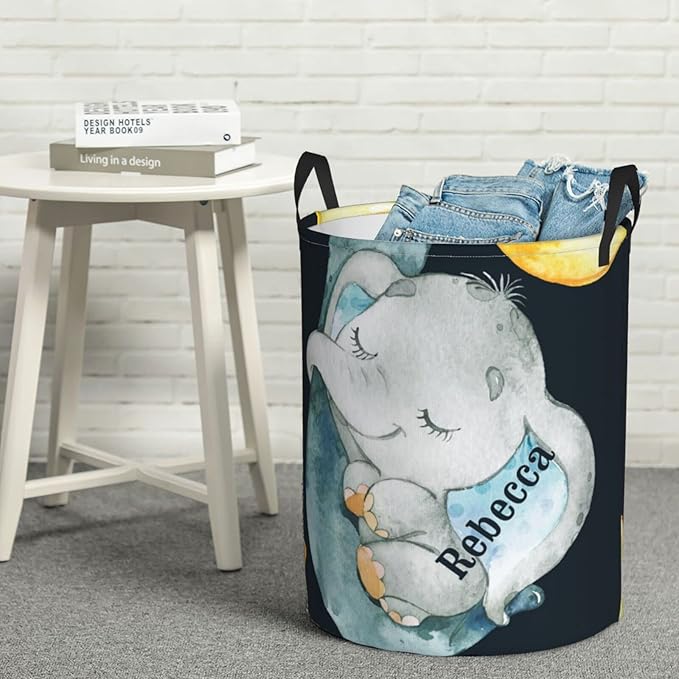 Sleeping Elephant Moon Personalized Laundry Hamper Custom with Name Collapsible Waterproof Storage Basket with Handles for Bedroom Decor Gift.
