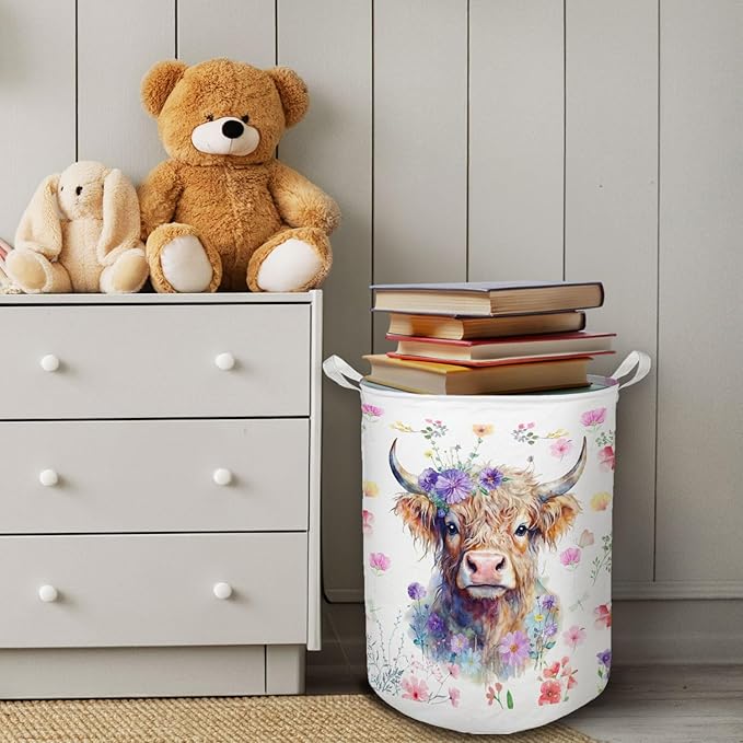Floral Highland Cow Laundry Basket, Toybox for Girls Room, Gifts for Cow Lovers Women Laundry Hamper Waterproof Collapsible Storage Bin Organizer for Bedroom Bathroom Girls Room Dorm