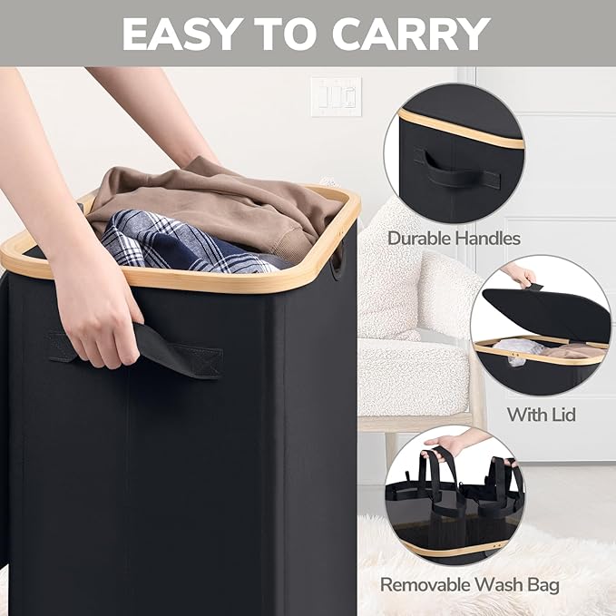 Goodpick Laundry Basket with Wheels, 150L Double Laundry Hamper 2 Section Extra Large Clothes Hamper with Removable Wash Bag Collapsible Dirty Clothes Basket for Bedroom, Bathroom, Black