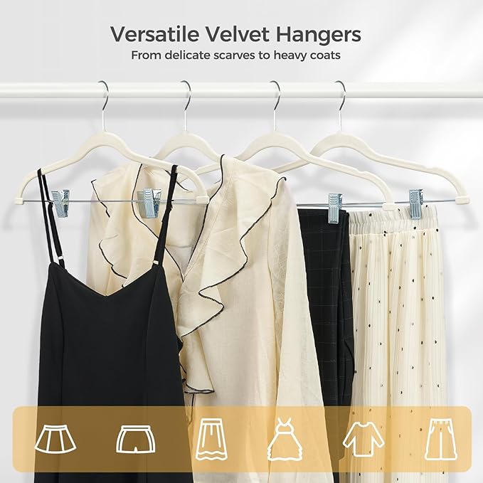 HOUSE DAY Velvet Hangers with Adjustable Clips 20 Pack, Non-Slip Suit Organizer with 360° Hook - Heavy Duty Hanger for Pants, Skirts, Blouses, Dresses - Outfit Hangers All-Season Space Saver (Ivory)
