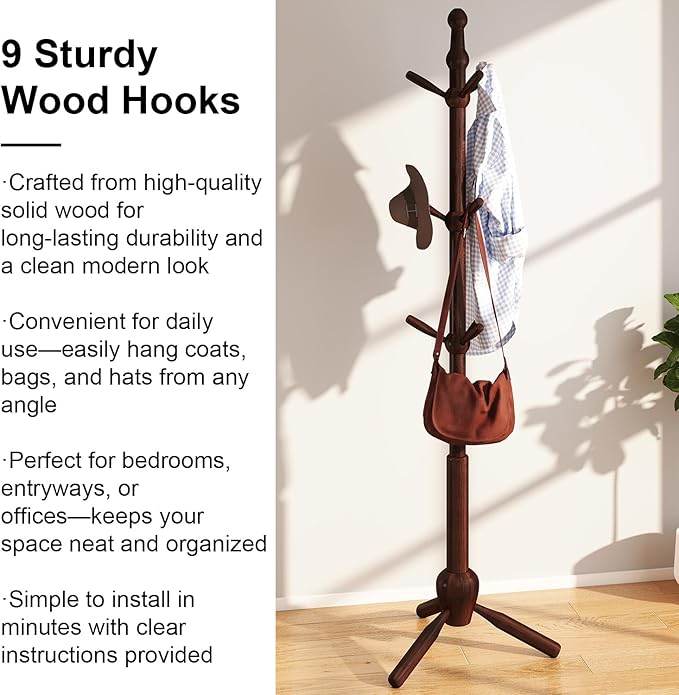 Solid Coat Rack Stand, Coat Rack Freestanding with 9 Hooks and Adjustable 3 Heights, Tree Coat Stand with Triangle Base for Entryway, Bedroom, Hallway, Wood Grain